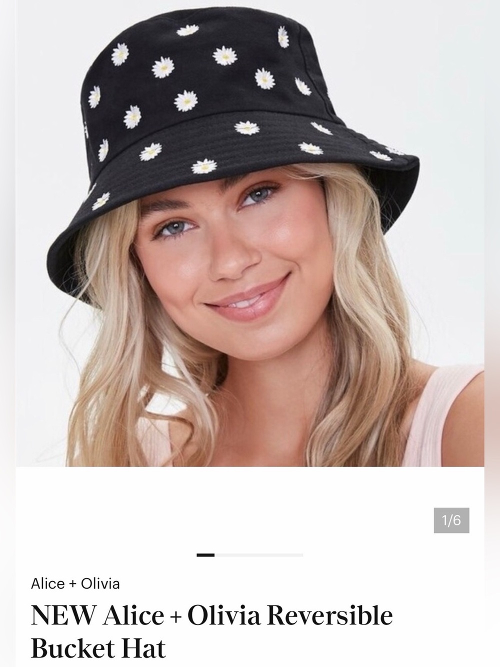 Alice + Olivia Black Daisy Bucket Hat with White & Yellow Embroidery